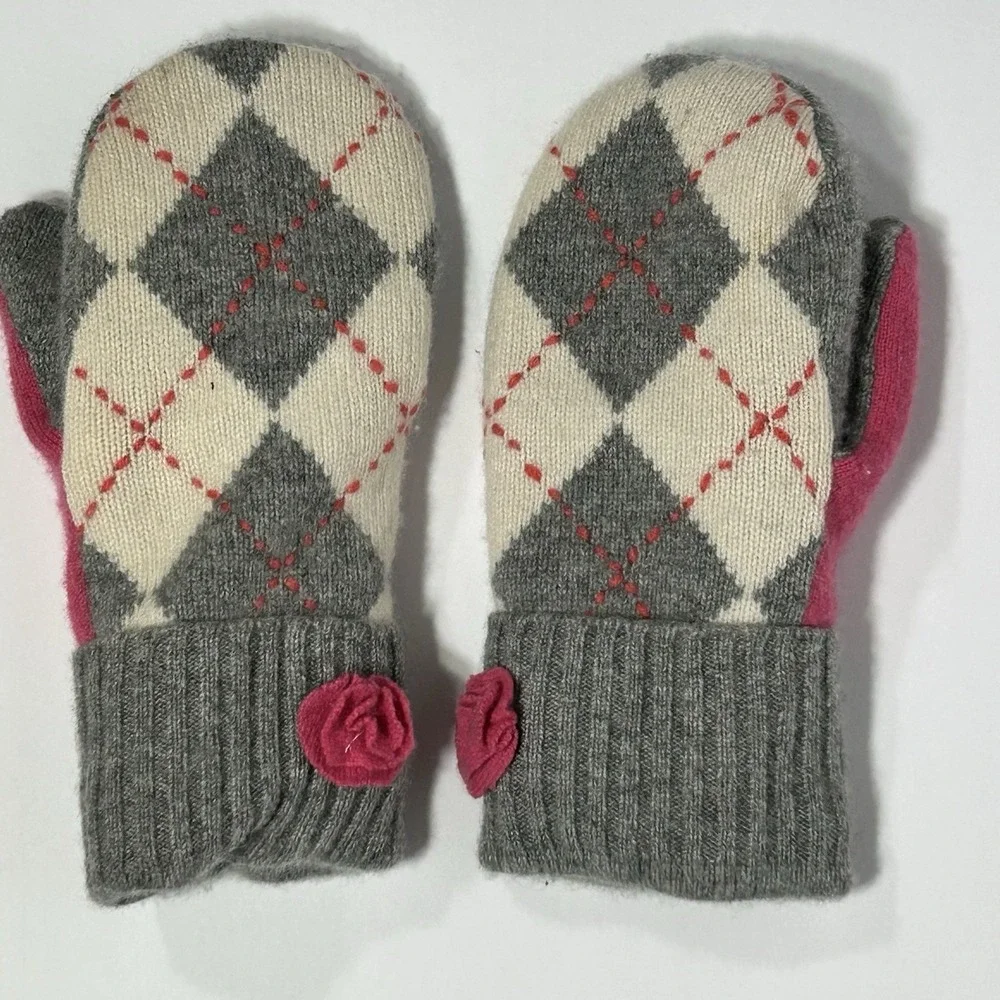 Handmade Women's Cashmere Mittens Upcycled Argyle Fleece Lined Warm Winter Gray
